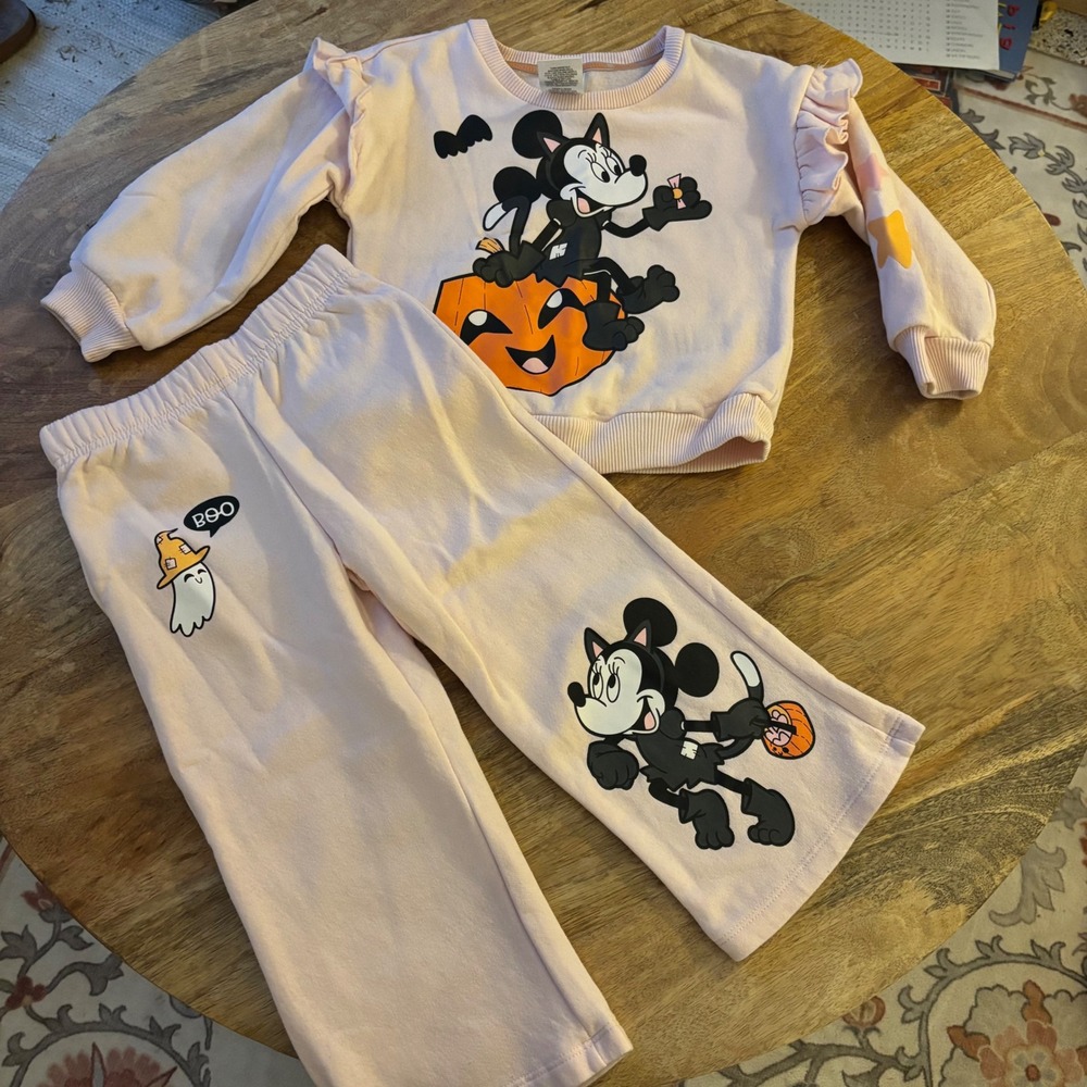Disney Minnie Mouse Jogger Set Girls 3T Pink Excellent Halloween Cat Pumpkin